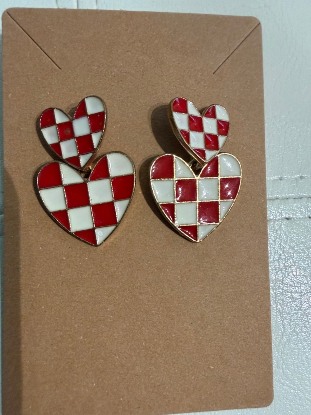 Red & White Checkerboard Heart Drop Earrings